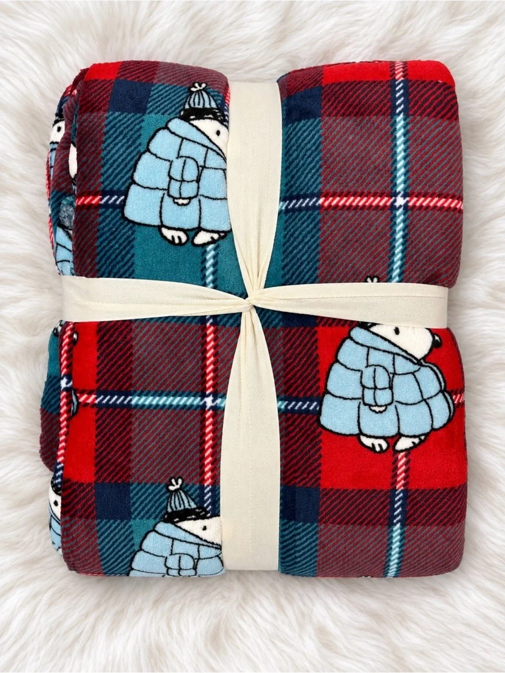 Peanuts Snoopy Christmas KING Blanket Puffer Jacket Plaid Red Green 120”x90” New